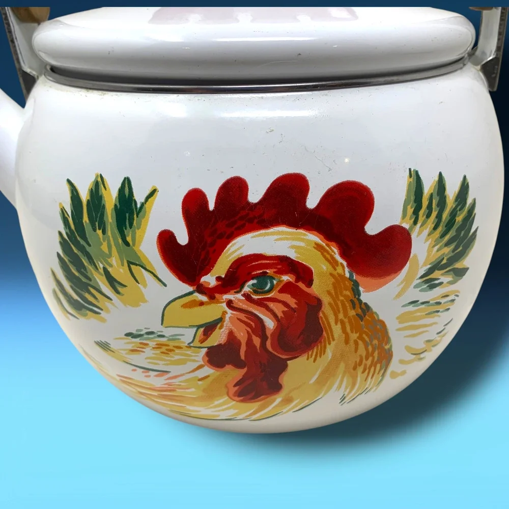 Vintage Rooster Enamel Tea Kettle White Country Farmhouse Wood Handle 8